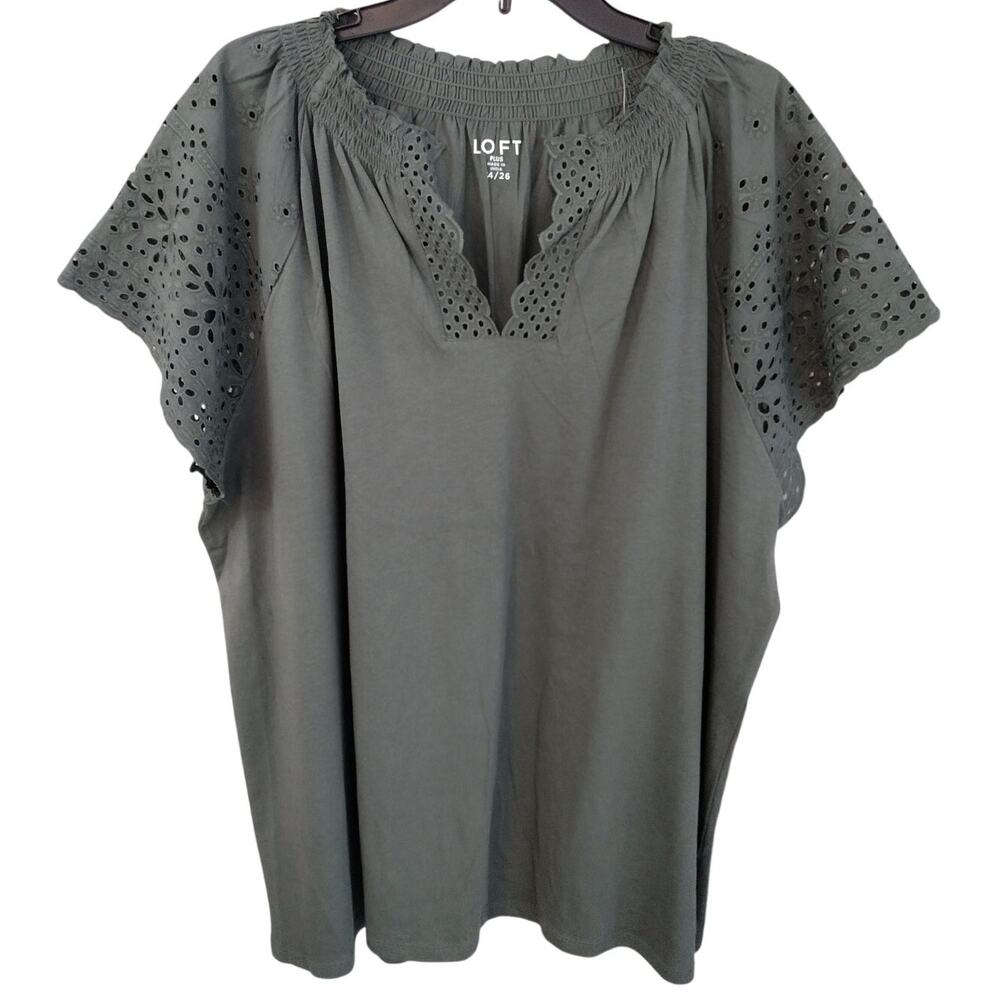 LOFT NEW Olive Green Eyelet Notched V-Neck Flutter Sleeve Top Women's 24/26 PLUS